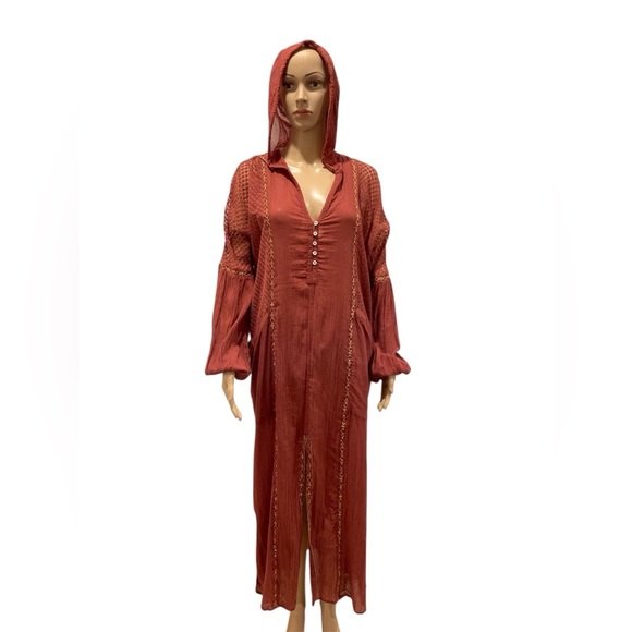 Free People boho Red Hooded Maxi Dress cover up size XS - Picture 1 of 6